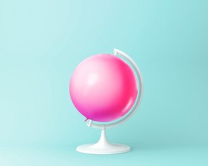 Globe sphere orb balloon pink concept on pastel blue background. minimal idea  concept. An idea creative to produce work within an advertising marketing communications or artwork design.