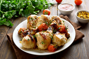 Baked chicken drumstick and roasted tomatoes