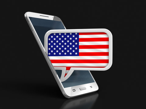 Touchscreen smartphone and Speech bubble with USA flag. Image with clipping path