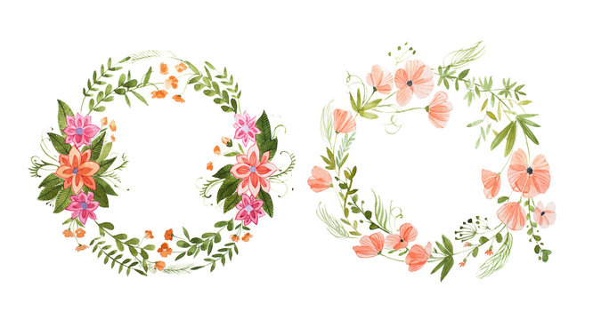 Aquarelle painting of two rural floral wreaths made of wild flowers isolated on white background