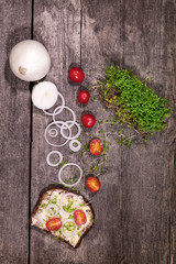 Flatlay, Butterbrot mit Gartenkresse, weißen Zwiebeln und Tomaten