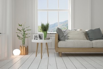 Idea of white room with sofa and summer landscape in window. Scandinavian interior design. 3D illustration
