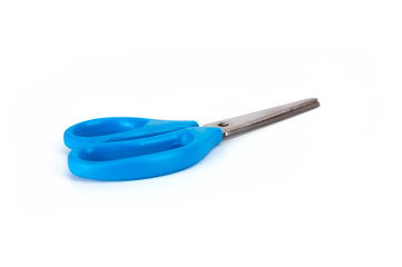 Blue and small scissors isolated on white background.