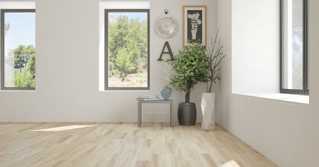 White empty room with summer landscape in window. Scandinavian interior design. 3D illustration