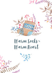 Hand drawn watercolor greeting card template with a warm woolen sock.