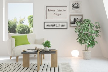 Idea of white room with armchair and summer landscape in window. Scandinavian interior design. 3D illustration