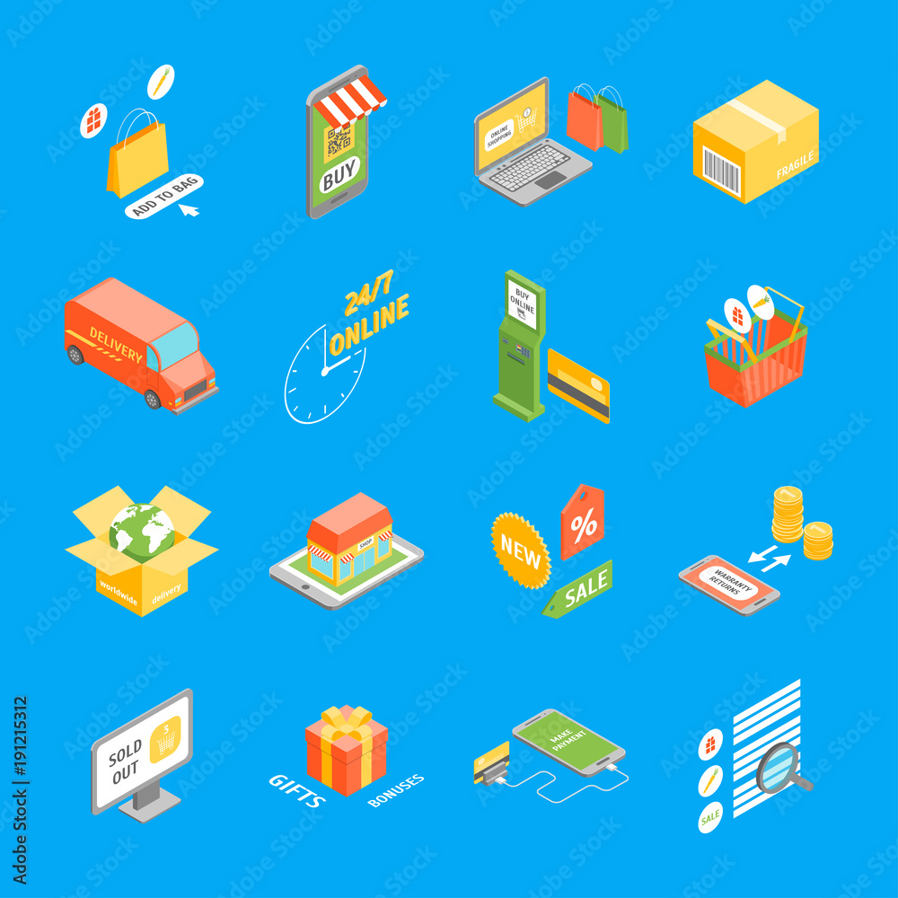 Wall mural Online Shopping Icons Set Isometric View. Vector