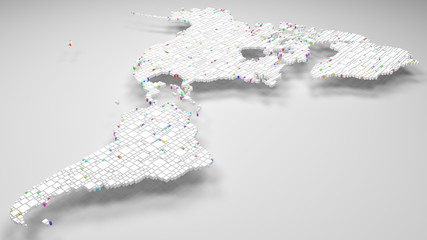 Map of America | 3d Rendering, mosaic of little bricks - White and harlequin colors
