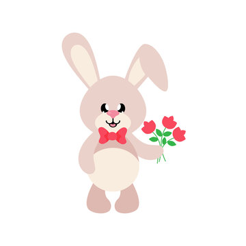 cartoon cute bunny with tie and flowers