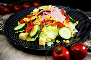 Delicious fresh salad and olive oil