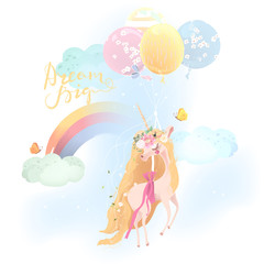 Cute, beautiful unicorn. Princess, flying girl unicorn in floral, flowers wreath, bouquet, tied bow, balloons and raibow with clouds