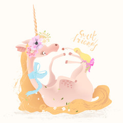 Cute, beautiful unicorn. Princess girl unicorn in floral, flowers wreath, bouquet, tied bow and hummingbird. Sweet Friends