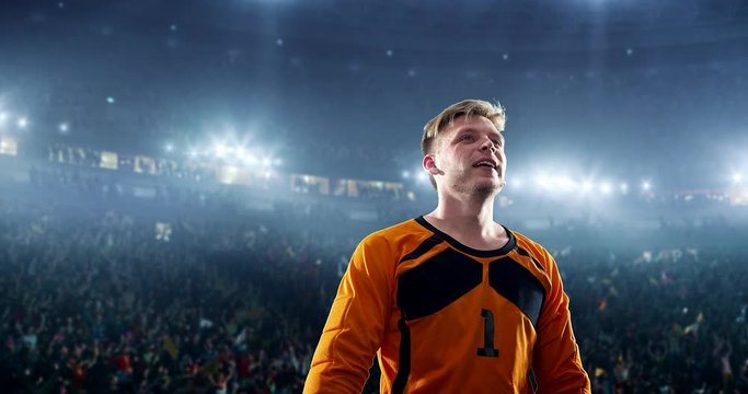 Happy soccer player celebrate a victory on a professional football stadium. He wears unbranded soccer clothes.