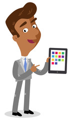 Vector illustration of an asian cartoon businessman holding and pointing to a tablet computer