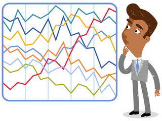 Vector illustration of a confused asian cartoon businessman looking at complicated colorful statistics.