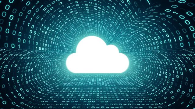 White cloud icon form cyan binary tunnel on cyan background. Cloud technology concept. Seamless loop. More icons and color options available in my portfolio.
