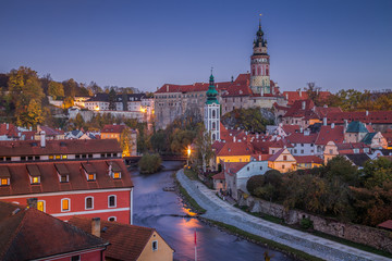 Historic town of Cesky Krumlov at night, Bohemia, Czech Republic