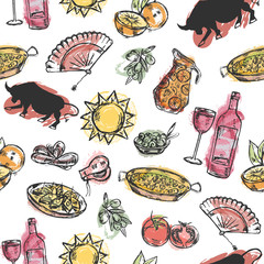 Seamless pattern with hand drawn spanish symbols