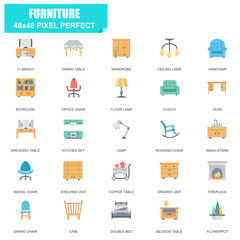 Simple Set of Furniture Related Vector Flat Icons. Contains such Icons as Bookcase, Office Chair, Lamp, Couch, Desk, Bedside Table, Wash-stand and more. Editable Stroke. 48x48 Pixel Perfect.