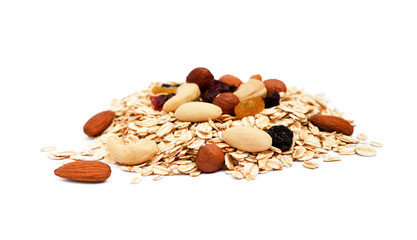 Mix nuts, raisins and oatmeal isolated on white background