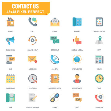 Simple Set of Contact Us Related Vector Flat Icons. Contains such Icons as Phone, Tablet, Bullhorn, Address Book, Contact Form, Calendar and more. Editable Stroke. 48x48 Pixel Perfect.