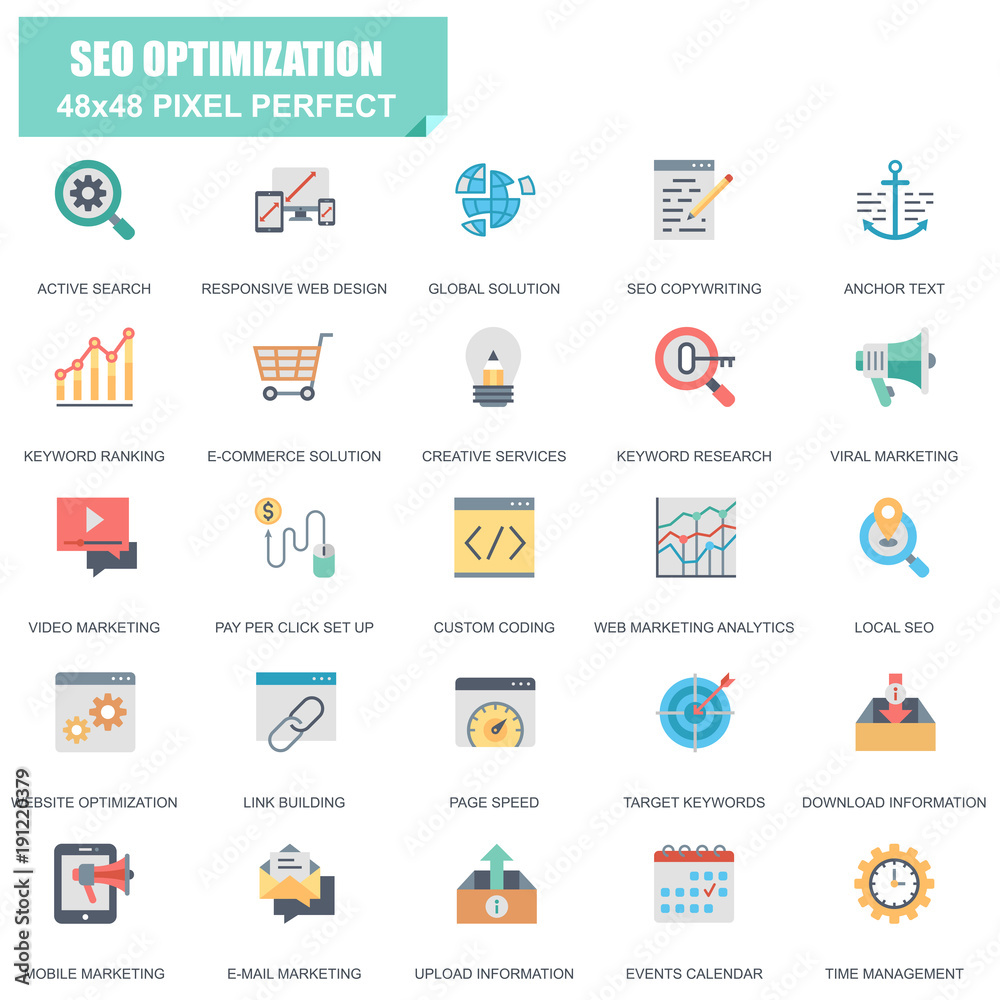Poster simple set of seo optimization related vector flat icons. contains such icons as active search, vide