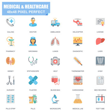 Simple Set of Medical and Healthcare Related Vector Flat Icons. Contains such Icons as Doctor, Grooming, Pharmacy, Stethoscope, X-ray, Pills and more. Editable Stroke. 48x48 Pixel Perfect.