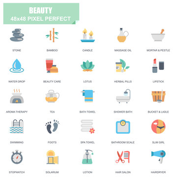 Simple Set of Spa and Beauty Related Vector Flat Icons. Contains such Icons as Stone, Bamboo, Massage Oil, Spa Towel, Lipstick, Herbal Pills and more. Editable Stroke. 48x48 Pixel Perfect.