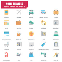 Simple Set of Hotel Services Related Vector Flat Icons. Contains such Icons as Passport, Luggage, Door Hanger, Bathroom, Bed Choices, Parking and more. Editable Stroke. 48x48 Pixel Perfect.