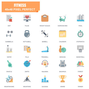 Simple Set of Fitness Related Vector Flat Icons. Contains such Icons as Pool, Kettlebell, Dumbbells, Bike, Weight Scales, Treadmill, Stopwatch and more. Editable Stroke. 48x48 Pixel Perfect.