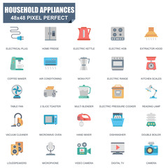 Simple Set of Household Appliances Related Vector Flat Icons. Contains such Icons as Extractor Hood, Air Conditioning, Multi Blender, Microwave Oven and more. Editable Stroke. 48x48 Pixel Perfect.