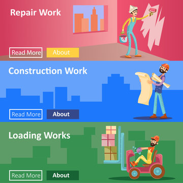 House construction and repair work vector illustration web banners. Flat design template of home interior painter man, building project engineer and loading worker for house construction company