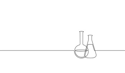 Single continuous line art chemical science flask. Scientific technology research medicine glass equipment design one sketch outline drawing vector illustration © LuckyStep