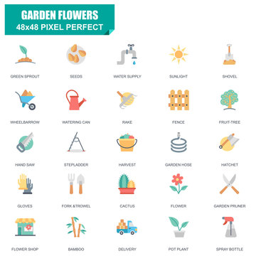 Simple Set of Garden Flowers Related Vector Flat Icons. Contains such Icons as Green Sprout, Seeds, Cactus, Stepladder, Harvest, Fruit-tree and more. Editable Stroke. 48x48 Pixel Perfect.