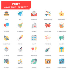 Simple Set of Party Related Vector Flat Icons. Contains such Icons as Cake, Bell, Fireworks, Dj Music, Champagne, Gift Bag, Masquerade, Bullhorn and more. Editable Stroke. 48x48 Pixel Perfect.