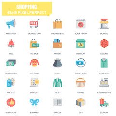 Simple Set of Shopping Related Vector Flat Icons. Contains such Icons as Promotion, Wallet, Payment, Big Sale, Basket, Price Tag, Money, Delivery and more. Editable Stroke. 48x48 Pixel Perfect.