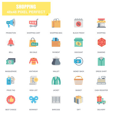 Simple Set of Shopping Related Vector Flat Icons. Contains such Icons as Promotion, Wallet, Payment, Big Sale, Basket, Price Tag, Money, Delivery and more. Editable Stroke. 48x48 Pixel Perfect.