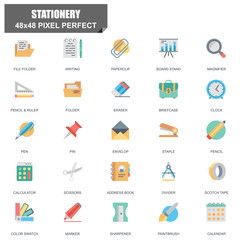 Simple Set of Stationery Related Vector Flat Icons. Contains such Icons as File Folder, Magnifier, Calculator, Pencil, Paintbrush, Briefcase and more. Editable Stroke. 48x48 Pixel Perfect.