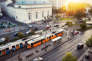 Aerial view of car and tram traffic at Small Boulevard in Budapest, Hungary