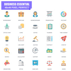 Simple Set of Business Essential Related Vector Flat Icons. Contains such Icons as Businessman, Coins, Office, Line Chart, Scales, Brainstorming and more. Editable Stroke. 48x48 Pixel Perfect.