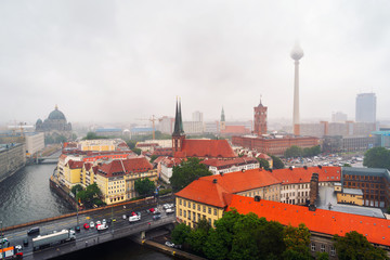Aerial view of landmarks in Berlin, Germany during rainy day