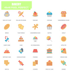 Simple Set of Bakery Related Vector Flat Icons. Contains such Icons as Pancake, Ice Cream Bowl, Pudding, Candy Cane, Muffin, Donut and more. Editable Stroke. 48x48 Pixel Perfect.