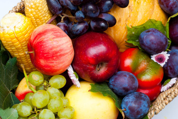 Fruits and Vegetables like Red Bell Peppers, Corn, Apple, Plums, Pumpkins, Pears and Grapes in Basket, natural still life for healthy food