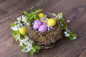 Easter Eggs with in real nest with cherry blossoms on a  wooden background. Easter decoration 