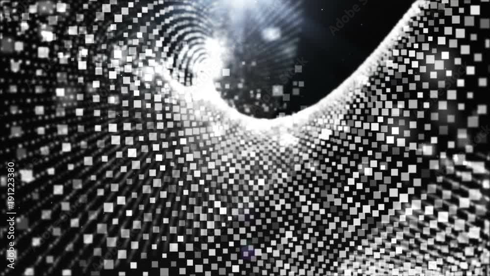 Wall mural animation, motion dark digital abstract background with square white moving and flicker twisted part