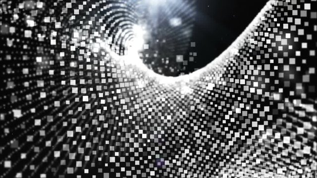 Animation, motion dark digital abstract background with square white moving and flicker twisted particle strings. abstract background beautiful glowing concept form. 
