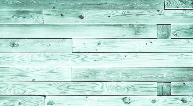 Colorful Teal Wood Board Panels Background. Rough Wood Texture Surface With Blue And Green Tints.