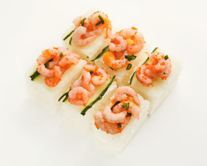 Set of rolls with soft cheese and shrimps on top, isolated