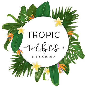 Template with tropical leves and flowers.