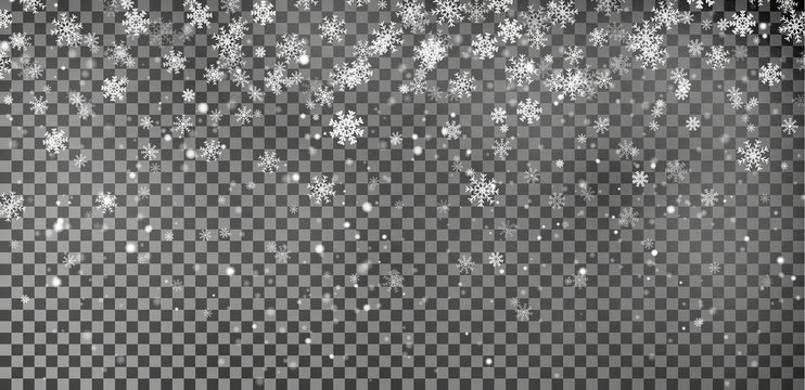 Snowflake background vector. Christmas snow fall decoration effect. Transparent pattern.
